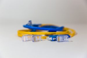 blue and yellow fiber optic cables